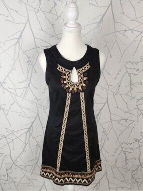 Le Chateau Black Cotton Stretch Embroidered Keyhole A-Line Dress